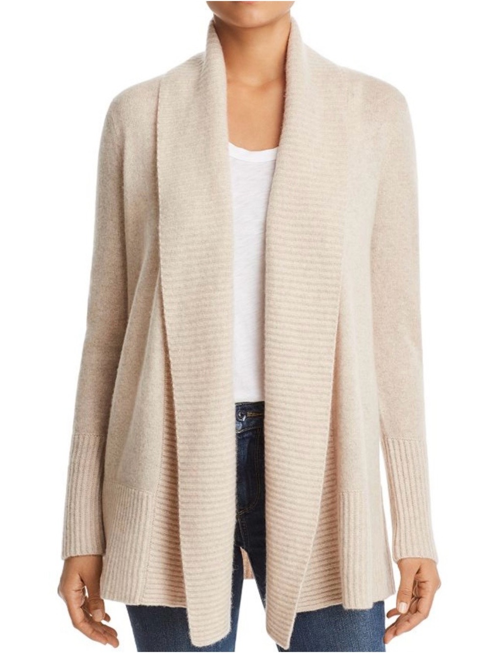 Saks Fifth Avenue Beige Open-Front Ribbed Shawl Collar Cardigan
